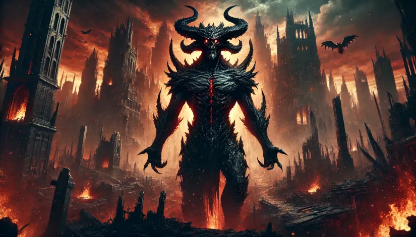 A dark depiction of Belial, the demon of lawlessness and corruption, standing in a ruined, infernal cityscape.