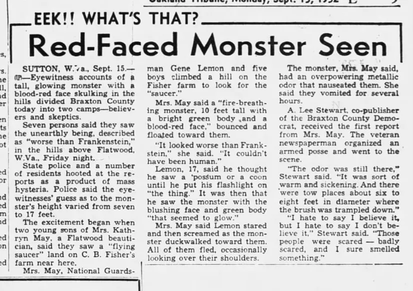 Newspaper article about the Flatwoods Monster