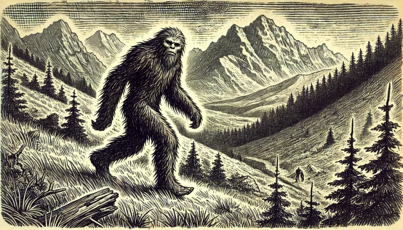 Journal-style drawing of an Almas sighting in the Caucasus Mountains in Russia