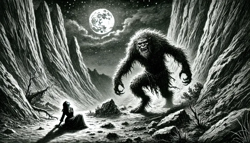Eerie sketch of the Barmanou attempting to abduct a woman in a dark, remote valley