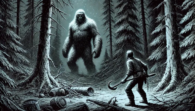 Bhim-Encounters-Yeti-in-Mountain-Clearing Bhim, a hunter, freezes in fear as a massive Yeti emerges from the dense forest shadows in a silent mountain clearing.