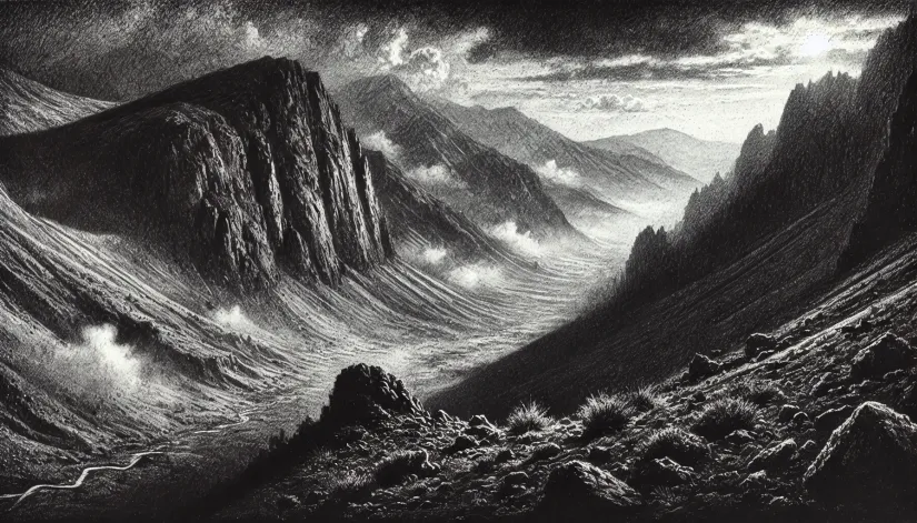 Dark sketch of the desolate wilderness in the Chitral region shrouded in mystery