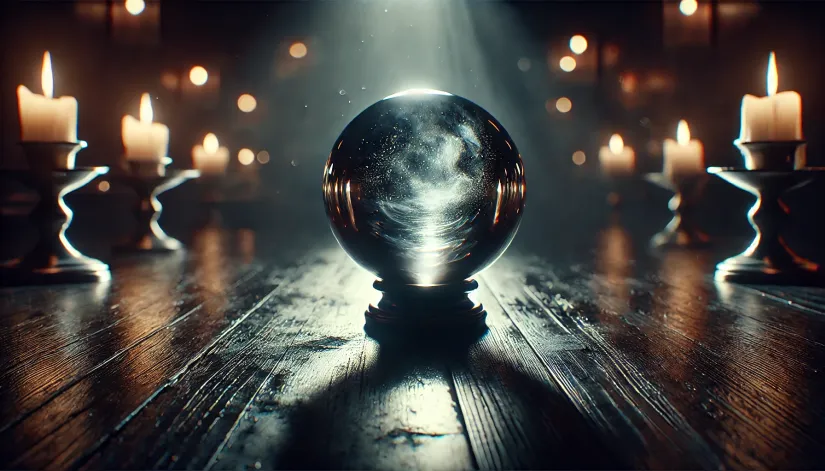 a glowing crystal ball on a wooden table, surrounded by shadows, symbolizing clairvoyant visions.