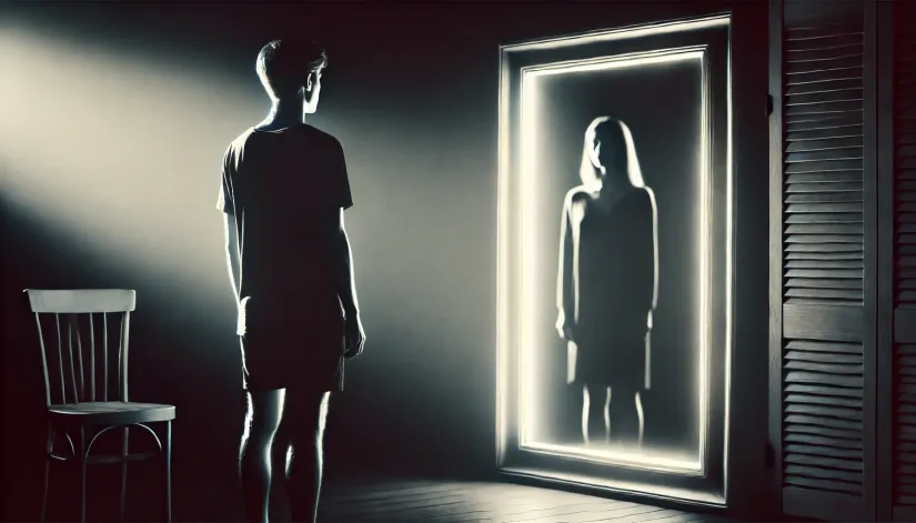 Person looking into a mirror in a dark room, with the reflection showing a different figure, symbolizing clairvoyant visions.