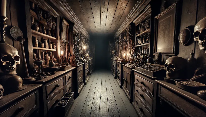 A dimly lit corridor inside the Warrens' Occult Museum filled with haunted objects and eerie shadows.
