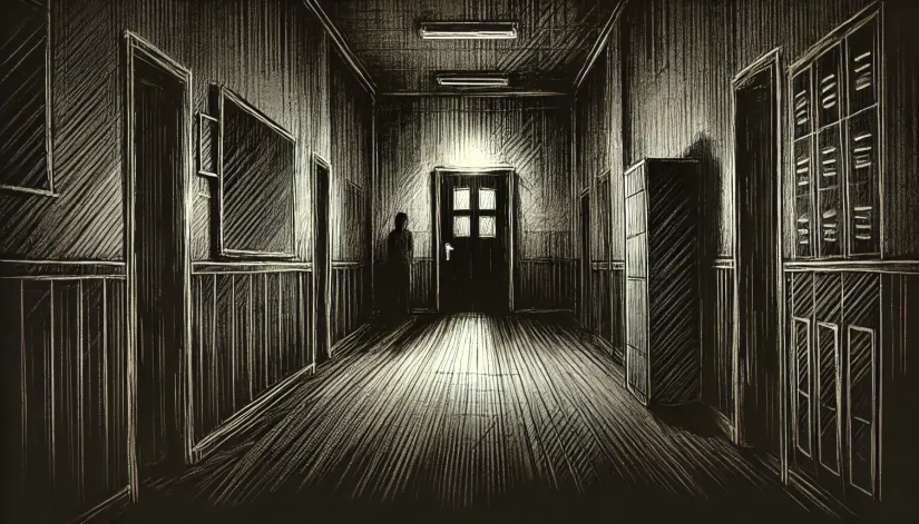 Dark sketch of an empty school hallway at night leading to a dimly lit haunted bathroom door.