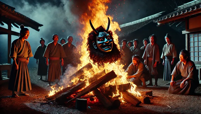 Cursed-Noh-Mask-Resisting-Fire Cursed Noh mask immune to flames as villagers try to destroy it in a roaring fire