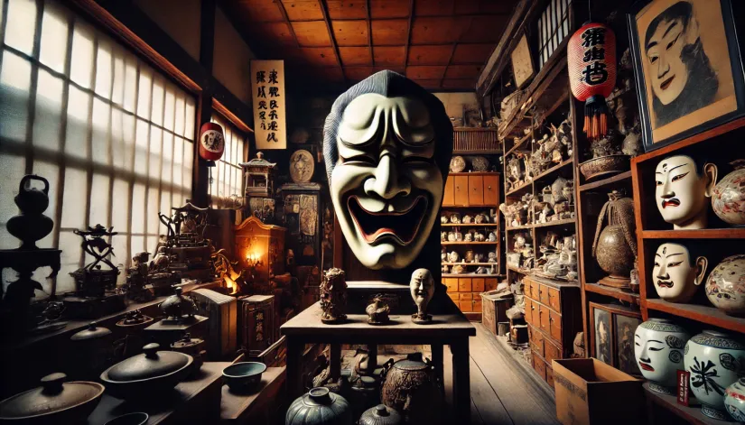 Cursed-Noh-Mask-in-Kyoto-Shop Cursed Noh mask displayed in a dimly lit Kyoto antique shop
