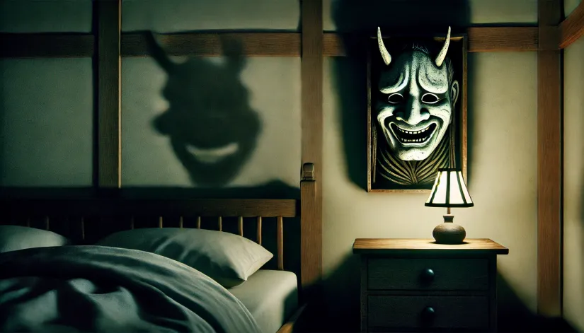 Cursed-Noh-Mask-on-Nightstand Cursed Noh mask on a nightstand in a dimly lit bedroom casting ominous shadows