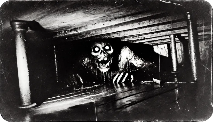 A grotesque figure with glowing eyes lurks beneath the deck of the SS Ourang Medan, barely visible in the shadows.