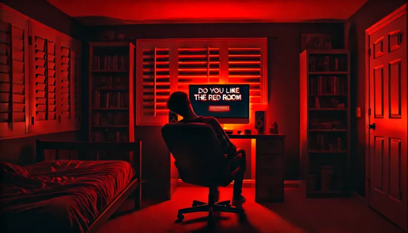 Teenager slumped in office chair facing a glowing computer screen with "Do you like the red room?" in a dark room.