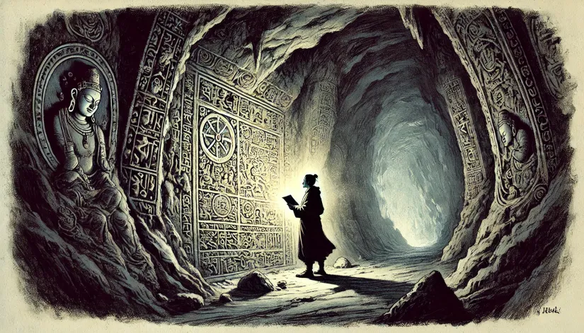 Dorje-Discovers-Ancient-Scrolls Inside a glowing cave, Dorje discovers ancient scrolls and carvings etched into the walls instead of material treasure.