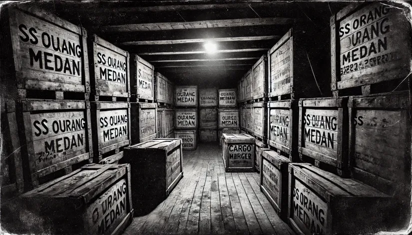 Dark cargo hold of the SS Ourang Medan with old boxes and empty canisters, casting eerie shadows in a grainy black and white style.