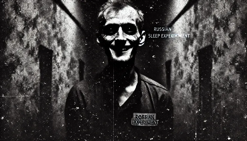 Gaunt and eerie figure in a dark Soviet chamber with hollow eyes and faint "Russian Sleep Experiment" text above.