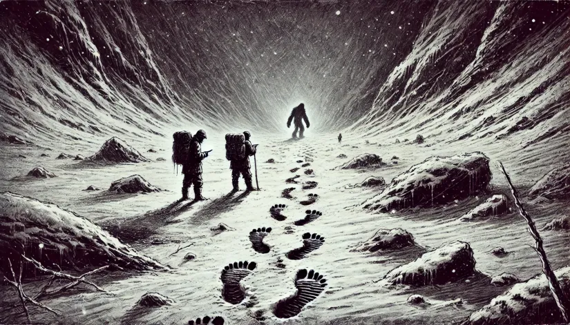 Yeti expeditions: Two expedition members closely examine Yeti footprints in a snow-covered valley, with mountains in the background.