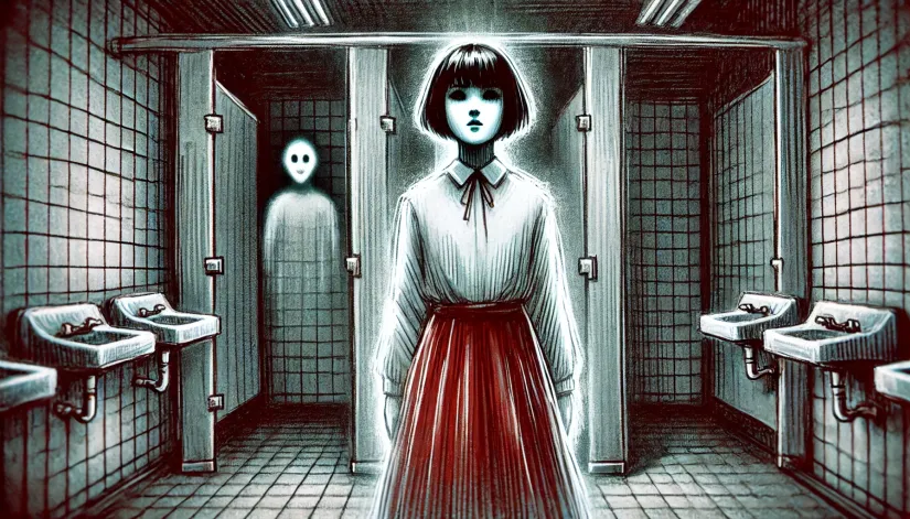 Dark sketch of a ghostly girl with short black hair and a red skirt standing in front of a haunted bathroom stall.