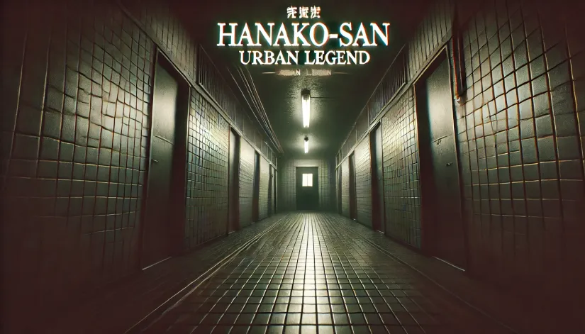 Dimly lit Japanese school hallway leading to a bathroom entrance with "Hanako-san Urban Legend" written in bold letters.