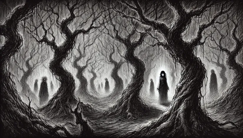 Dark sketch of a misty haunted forest with twisted trees, eerie shadows, and a ghostly figure resembling Hanako-san.