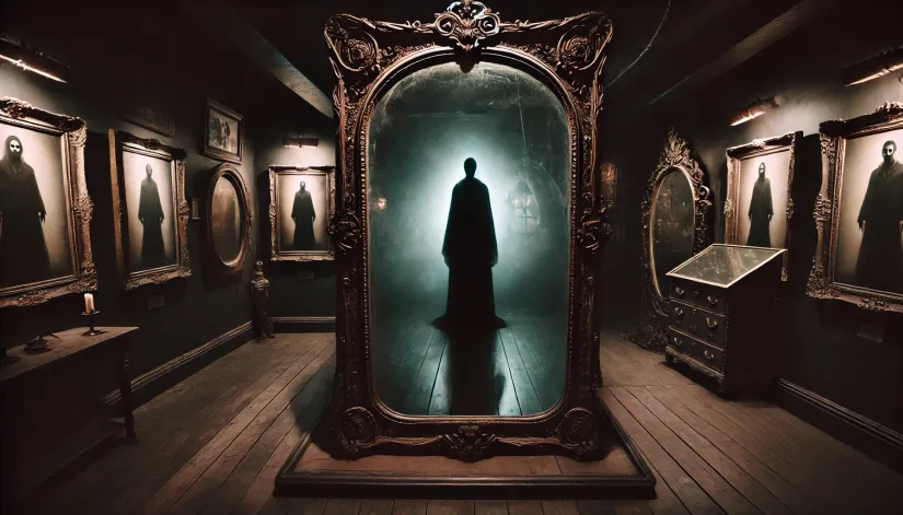 Haunted mirror with a shadowy figure reflected, set in the dimly lit Warrens' Occult Museum.