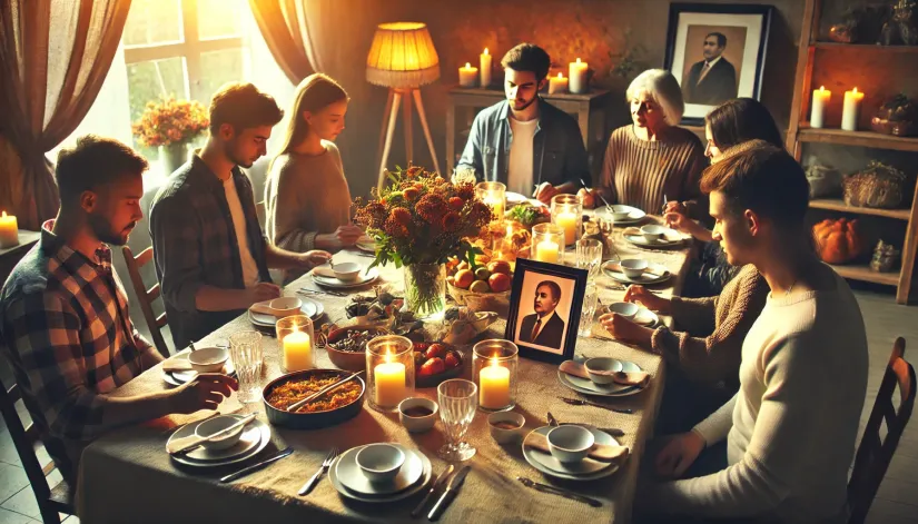 A group of people gathered for a meal, sharing stories and honoring a loved one who passed away.