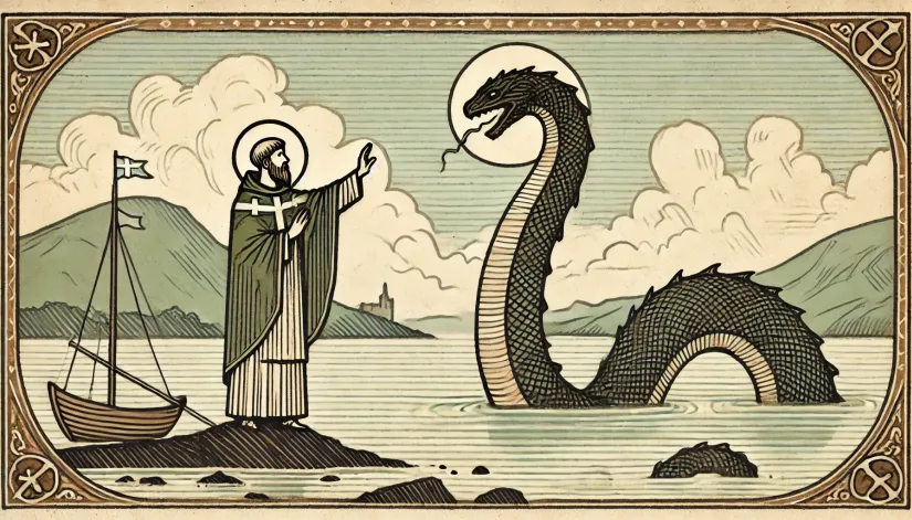 A medieval-style drawing of St. Columba commanding the Loch Ness Monster