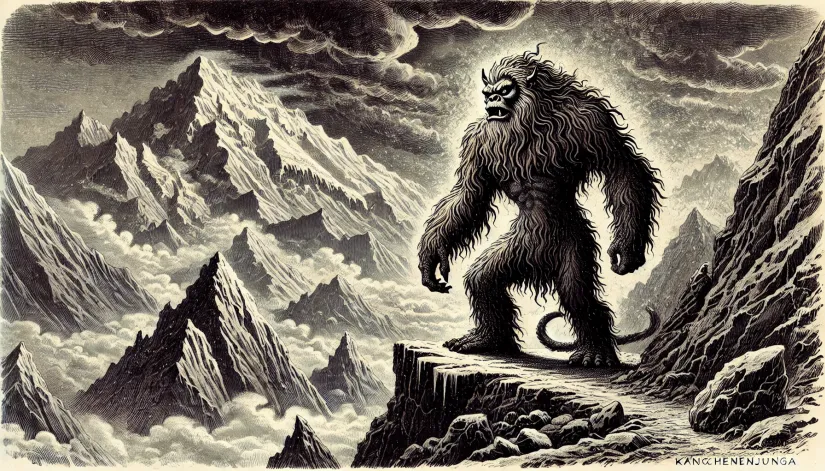 Kangchenjunga-Demon-Guards-the-Mountain The Kangchenjunga Demon stands guard over Mount Kangchenjunga, surrounded by snow and dark storm clouds.