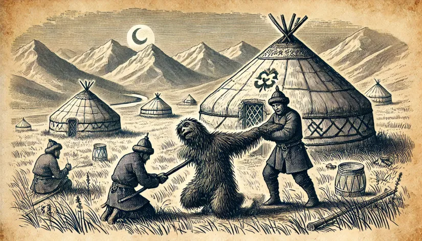 Kiik-Adam-Capture-in-Altai-Mountains Kazakh hunters capturing a female Almas, or kiik adam, in the Altai Mountains