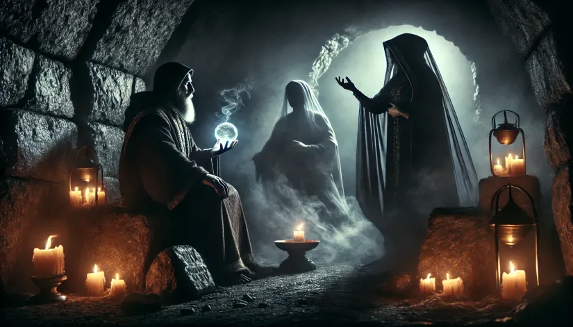 King Saul consulting a hooded medium in a cave, with the shadowy spirit of Samuel rising before them