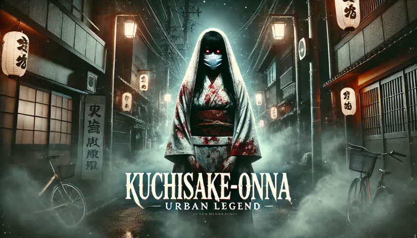 Kuchisake-onna stands in a foggy street at night, wearing a bloodstained kimono and a surgical mask.