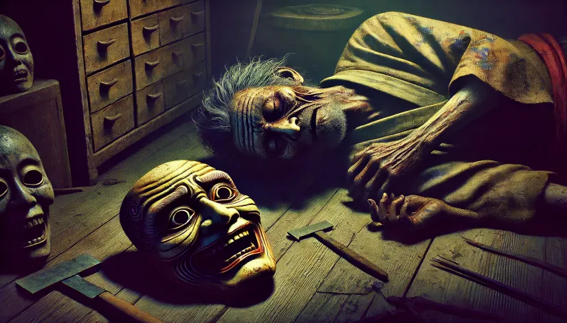 Lifeless-Artisan-Next-to-Cursed-Noh-Mask Noh mask horror story: Lifeless body of Kaito next to the cursed Noh mask on the floor of his workshop
