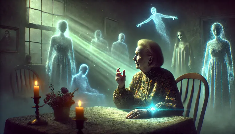 Lorraine Warren conducting a clairvoyant session, with ghostly figures and spectral lights in the room.