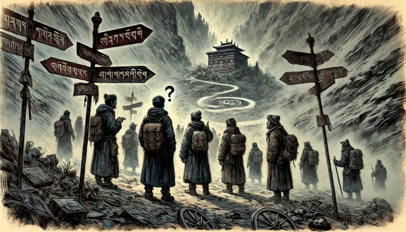 Merchants-Lost-in-Mountain-Pass A group of Tibetan merchants stand confused in a foggy mountain clearing as the landscape shifts around them.
