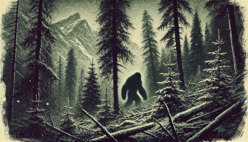 Yeti-like creature hiding in a dense Himalayan forest, observed during the 1832 Hodgson expedition.