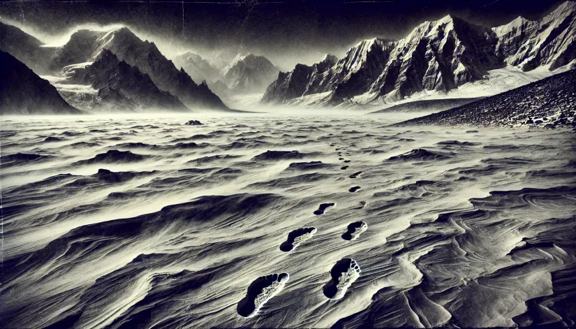 large footprints in the snow during the 1956 Tom Slick Yeti expedition