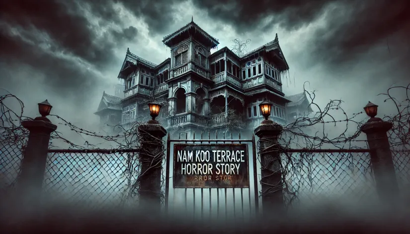 Haunted mansion Nam Koo Terrace with fog, decaying architecture, and a chain-link fence, featuring text "Nam Koo Terrace Horror Story."