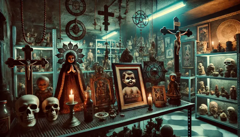 Cursed objects displayed in the Warrens' Occult Museum, including a haunted doll and a dark idol.