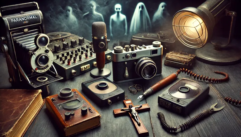 Close-up of paranormal investigation tools including cameras, EMF meters, and a crucifix, used by Ed and Lorraine Warren.