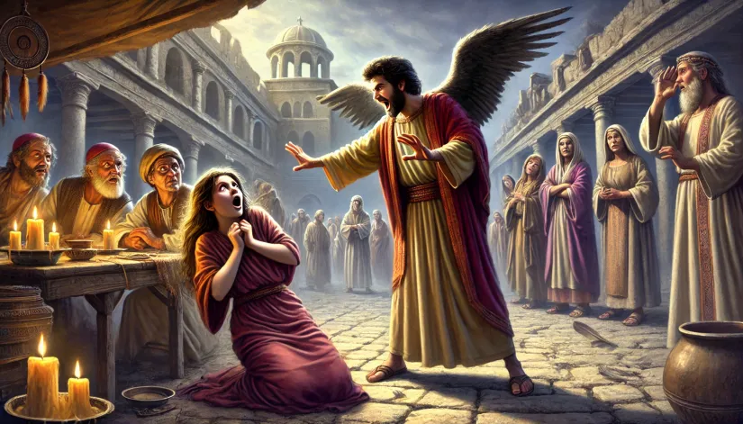 Apostle Paul rebuking a demonic spirit from a possessed girl in a marketplace