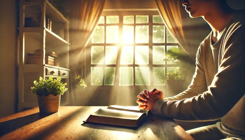 Person praying with an open Bible on their lap, sunlight streaming through a window symbolizing divine guidance