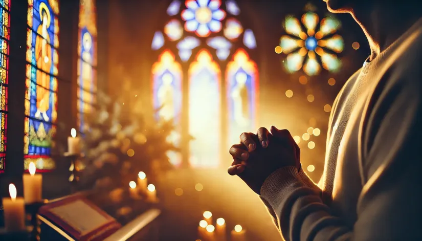 A person kneeling in prayer, asking for signs from a loved one who passed away, with candles lit around them.