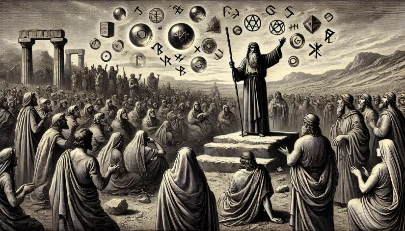 Ancient prophet warning a crowd against fortune-telling and sorcery, with mystical symbols