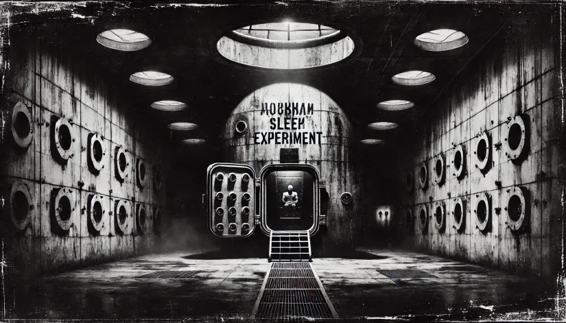 Russian-Sleep-Experiment-Chamber Dark and eerie chamber with scratched text "Russian Sleep Experiment" on the wall, fitting a terrifying horror theme.