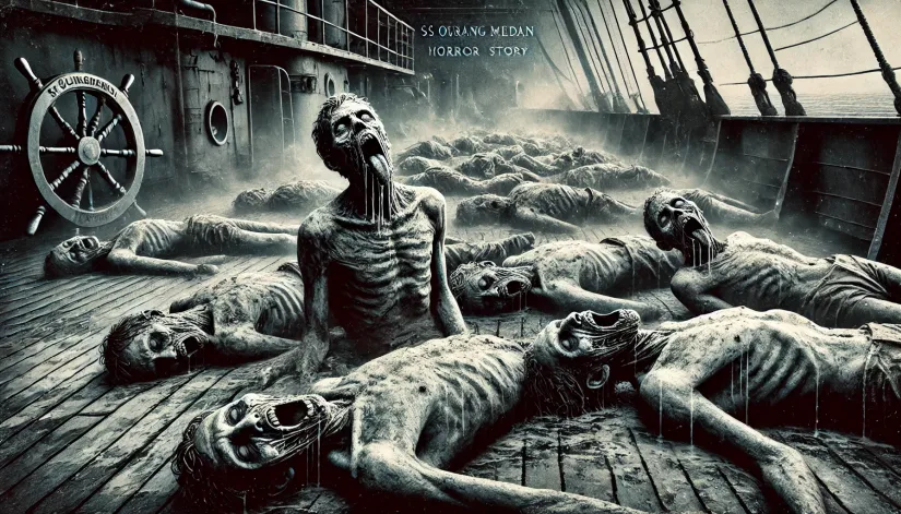 Ourang Medan horror story: Dead crew lying on the deck, faces frozen in terror under an eerie fog.