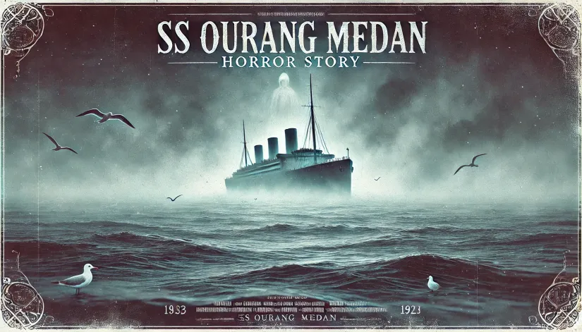 The ghostly SS Ourang Medan drifts through thick fog, glowing faintly and surrounded by eerie calm waters.