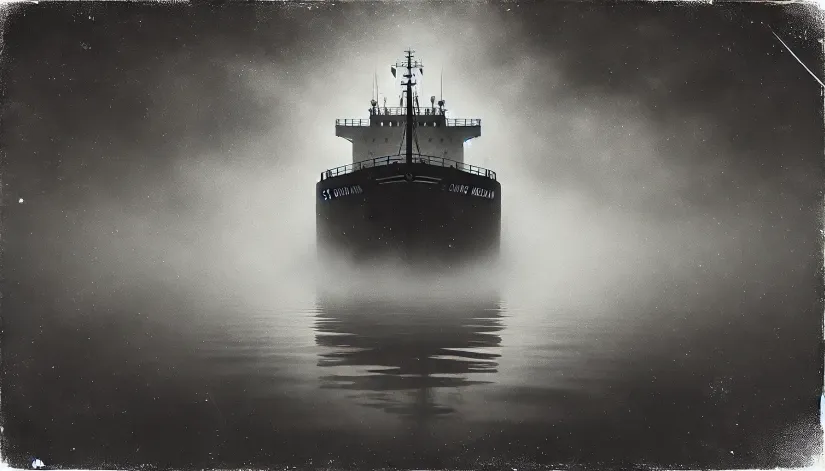 The ghostly cargo ship SS Ourang Medan emerges slowly from the mist, its weathered silhouette barely visible in the eerie fog.