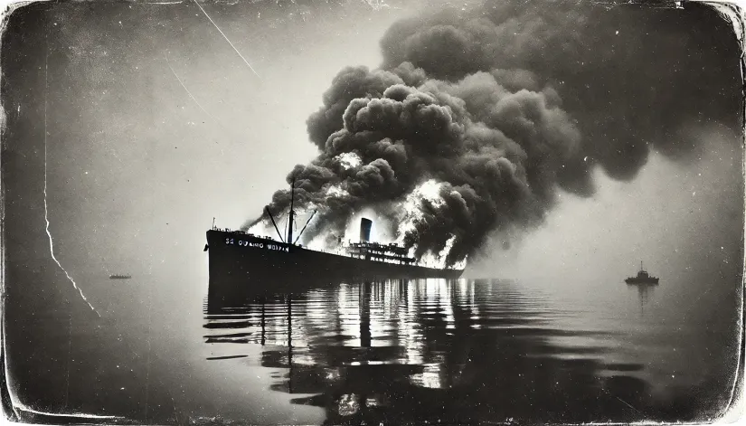 The SS Ourang Medan, a cargo ship, burns in the middle of the ocean, engulfed in flames with thick smoke rising into the sky.