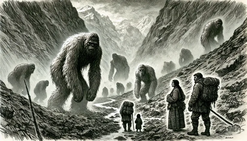 Sonam-Seen-Living-with-Yetis Hunters spot a woman, believed to be Sonam, living among large, shadowy Yeti figures in a misty mountain valley.