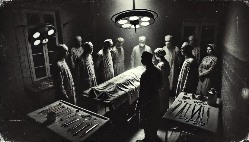 Soviet-Operating-Room-Surgery Grainy black-and-white Soviet-era operating room with doctors standing around a surgical table, some with their backs turned.
