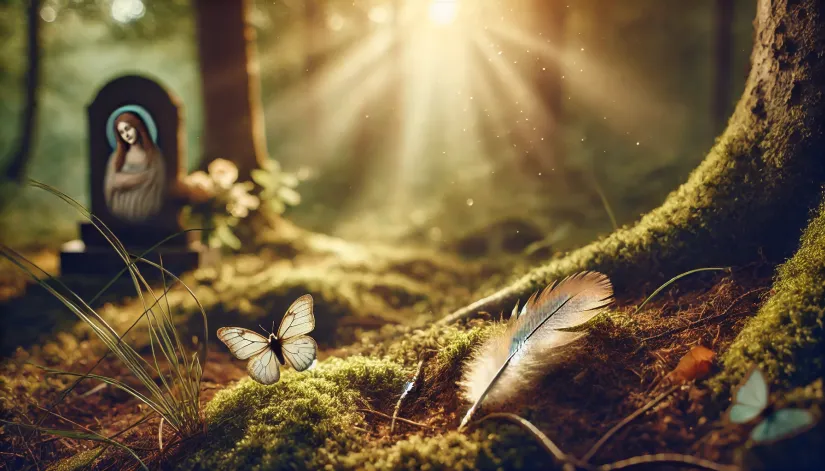 A feather and butterfly in a peaceful nature setting, symbolizing subtle signs and messages from a loved one who passed away.