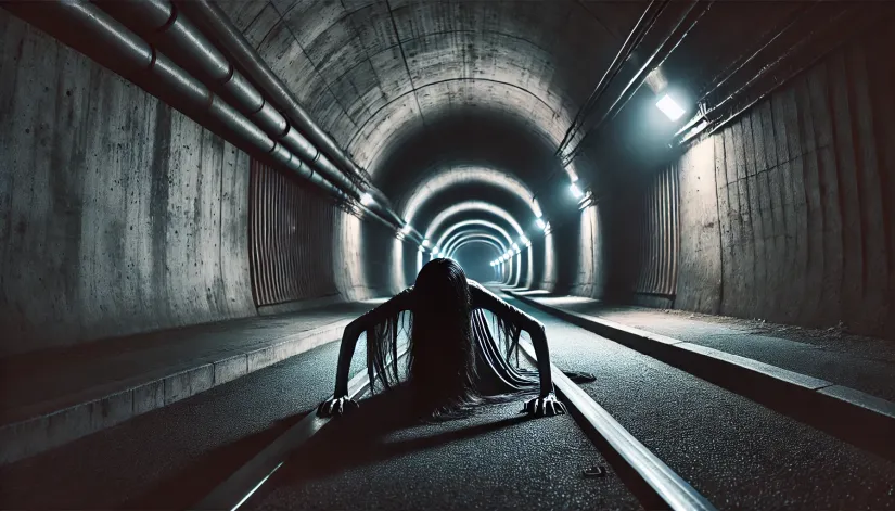 Teke Teke ghost dragging herself with her arms through a deserted urban tunnel at night, with flickering lights and long shadows.